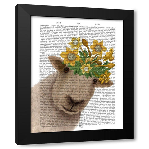 Sheep with Daffodil Crown Book Print Black Modern Wood Framed Art Print with Double Matting by Fab Funky