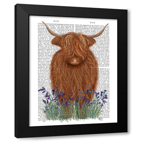 Highland Cow, Bluebell Book Print Black Modern Wood Framed Art Print with Double Matting by Fab Funky