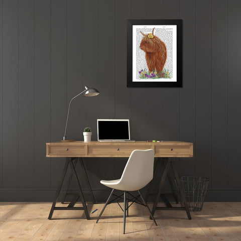 Highland Cow, Pansy Book Print Black Modern Wood Framed Art Print by Fab Funky