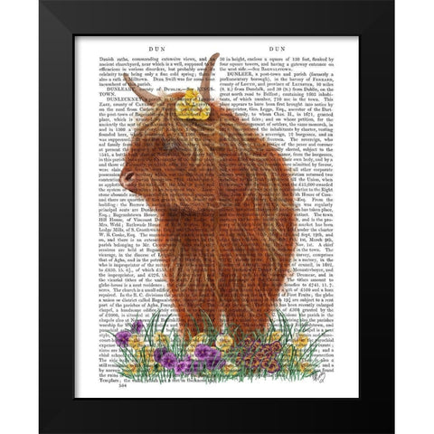 Highland Cow, Pansy Book Print Black Modern Wood Framed Art Print by Fab Funky