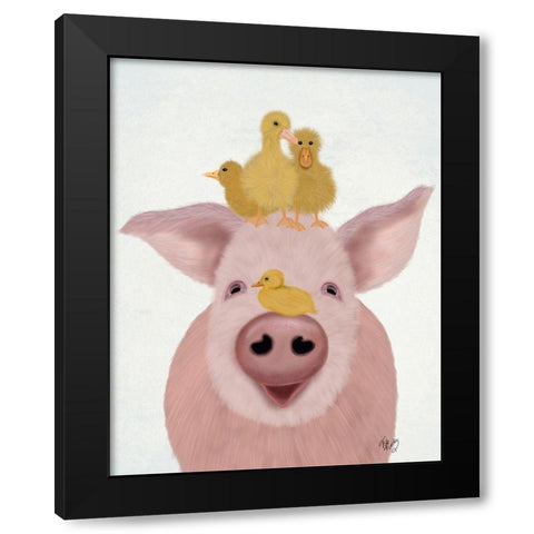 Pig and Ducklings Black Modern Wood Framed Art Print with Double Matting by Fab Funky