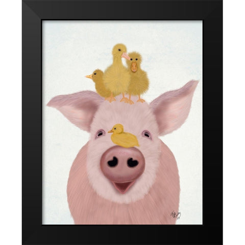 Pig and Ducklings Black Modern Wood Framed Art Print by Fab Funky