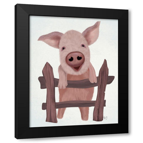 Pig On Fence Black Modern Wood Framed Art Print with Double Matting by Fab Funky