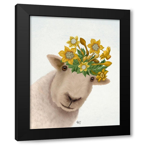 Sheep with Daffodil Crown Black Modern Wood Framed Art Print with Double Matting by Fab Funky