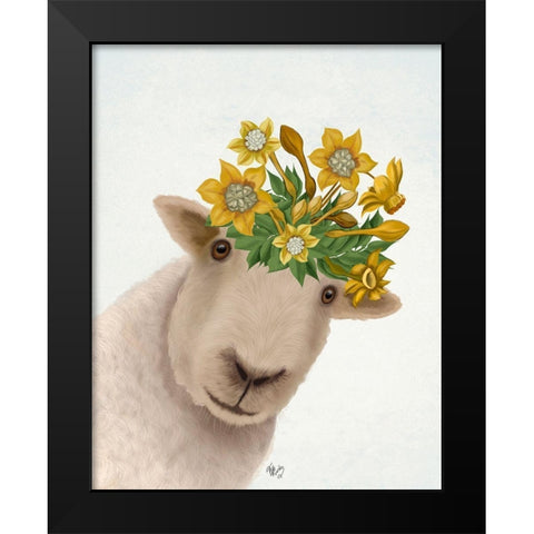 Sheep with Daffodil Crown Black Modern Wood Framed Art Print by Fab Funky