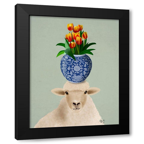 Sheep and Tulips Black Modern Wood Framed Art Print with Double Matting by Fab Funky