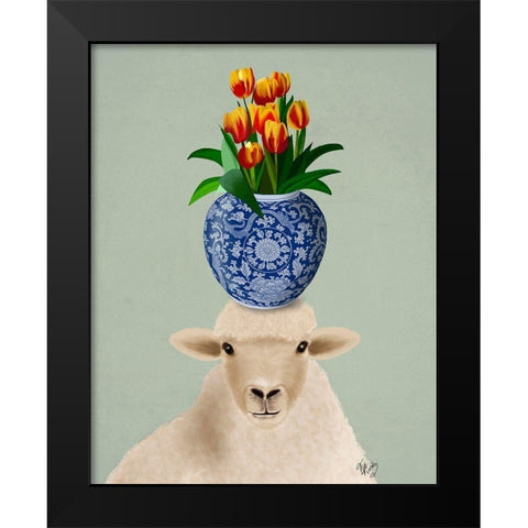Sheep and Tulips Black Modern Wood Framed Art Print by Fab Funky