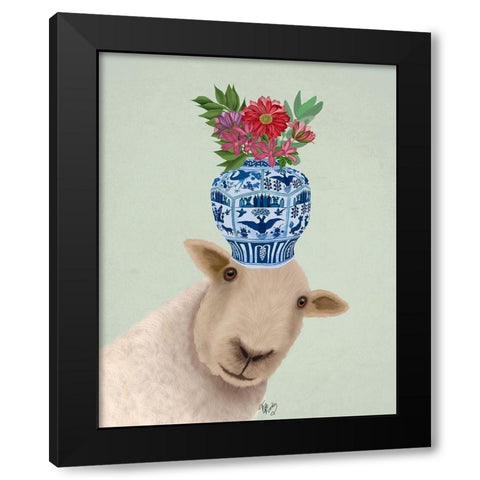 Sheep with Vase of Flowers Black Modern Wood Framed Art Print with Double Matting by Fab Funky
