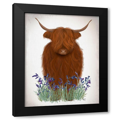 Highland Cow, Bluebell Black Modern Wood Framed Art Print by Fab Funky