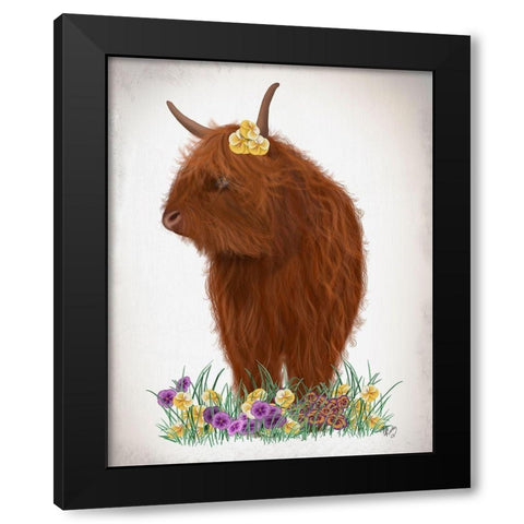 Highland Cow, Pansy Black Modern Wood Framed Art Print with Double Matting by Fab Funky
