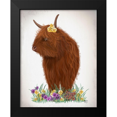 Highland Cow, Pansy Black Modern Wood Framed Art Print by Fab Funky