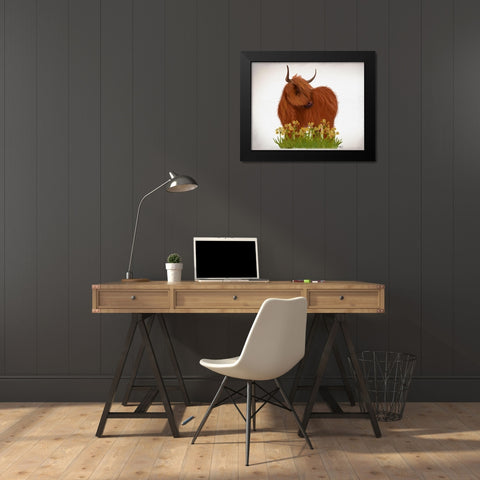 Highland Cow, Daffodil Black Modern Wood Framed Art Print by Fab Funky