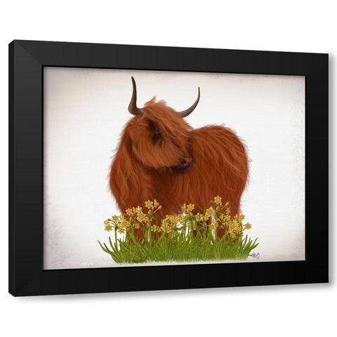 Highland Cow, Daffodil Black Modern Wood Framed Art Print by Fab Funky