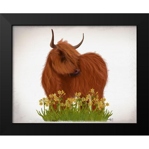 Highland Cow, Daffodil Black Modern Wood Framed Art Print by Fab Funky