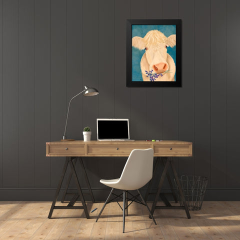 Cow Cream, Bluebells Black Modern Wood Framed Art Print by Fab Funky