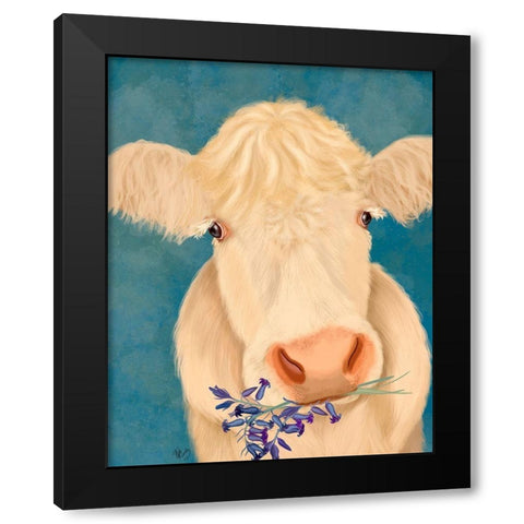 Cow Cream, Bluebells Black Modern Wood Framed Art Print by Fab Funky