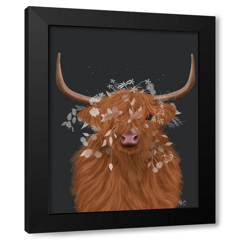 Highland Cow 1, White Flowers Black Modern Wood Framed Art Print with Double Matting by Fab Funky