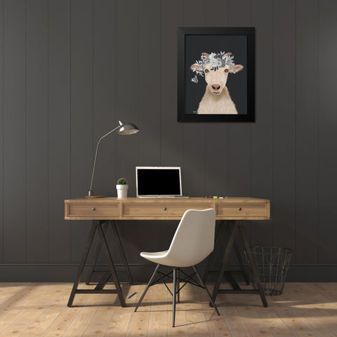 Goat 1, White Flowers Black Modern Wood Framed Art Print by Fab Funky
