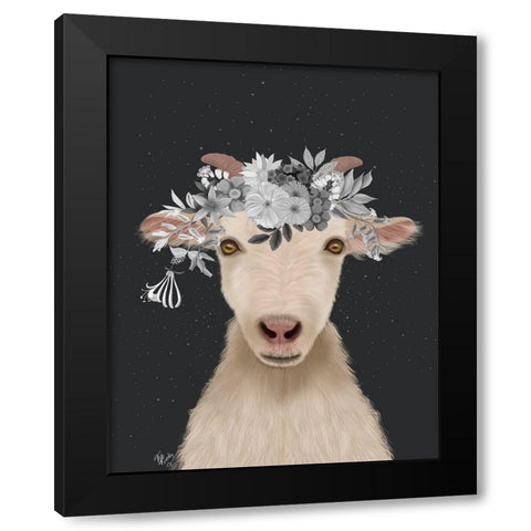 Goat 1, White Flowers Black Modern Wood Framed Art Print by Fab Funky