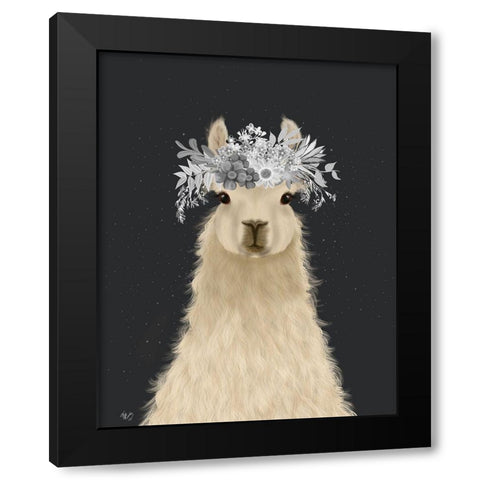 Llama White Flowers Black Modern Wood Framed Art Print by Fab Funky