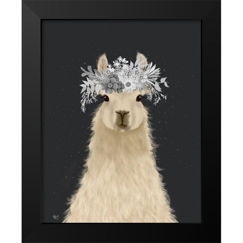 Llama White Flowers Black Modern Wood Framed Art Print by Fab Funky