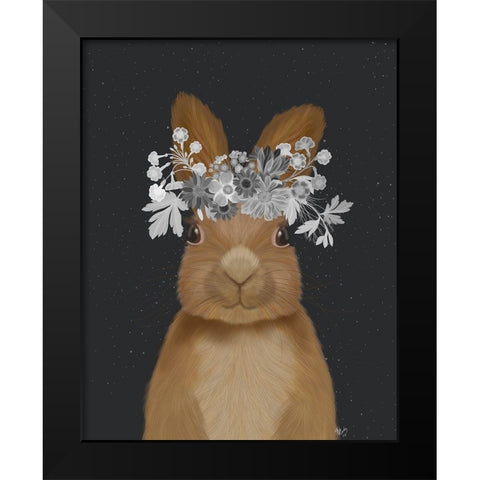 Rabbit, White Flowers Black Modern Wood Framed Art Print by Fab Funky