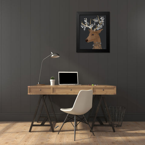 Deer, White Flowers Black Modern Wood Framed Art Print by Fab Funky