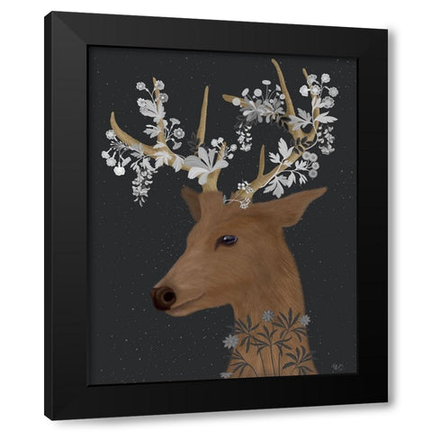 Deer, White Flowers Black Modern Wood Framed Art Print with Double Matting by Fab Funky