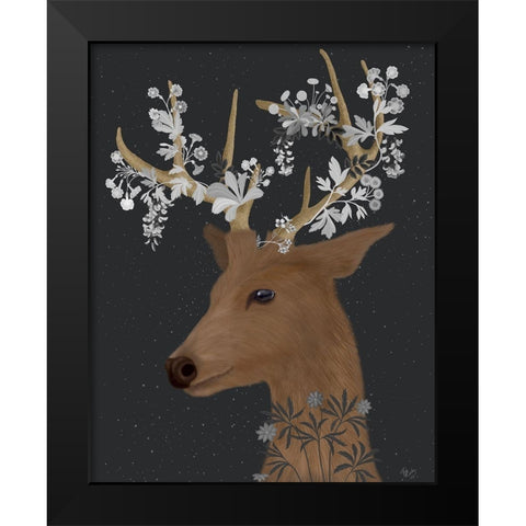 Deer, White Flowers Black Modern Wood Framed Art Print by Fab Funky
