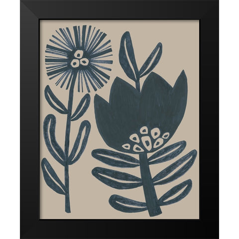 Blockprint Folk Flowers I Black Modern Wood Framed Art Print by Vess, June Erica