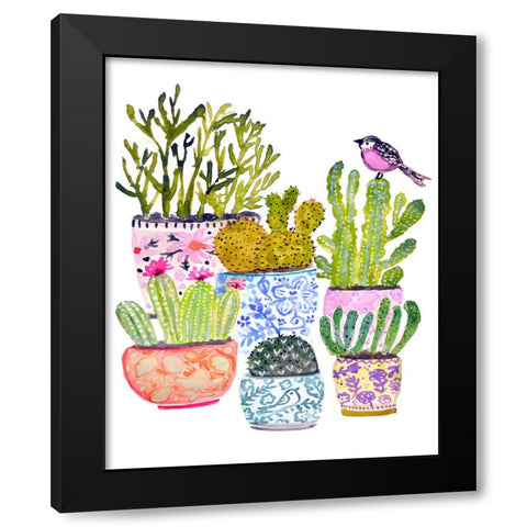 Cactus and Pink Bird Black Modern Wood Framed Art Print by Fields, Karen