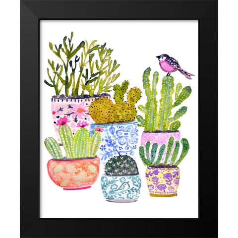 Cactus and Pink Bird Black Modern Wood Framed Art Print by Fields, Karen