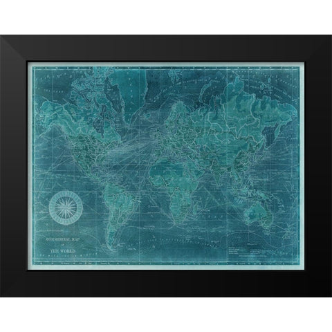 Azure World Map Black Modern Wood Framed Art Print by Vision Studio