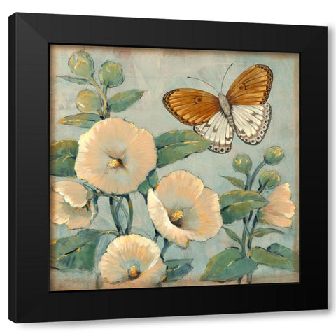 Butterfly and Hollyhocks I Black Modern Wood Framed Art Print by OToole, Tim