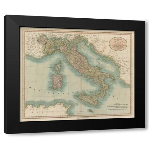 Vintage Map of Italy Black Modern Wood Framed Art Print with Double Matting by Cary, John