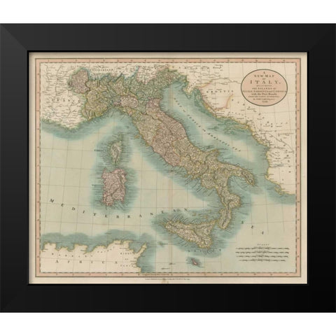 Vintage Map of Italy Black Modern Wood Framed Art Print by Cary, John