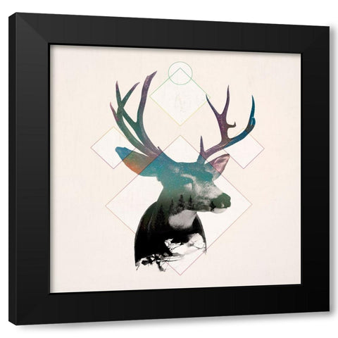 Stag Double Exposure Wildlife Art I Black Modern Wood Framed Art Print by Circle Art Group
