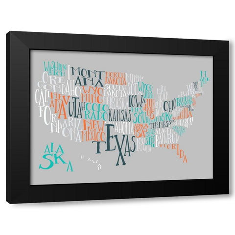 Orange Taffy US Typography Map Black Modern Wood Framed Art Print by Inner Circle