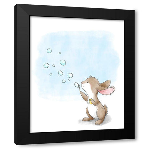 Little Bunny Blowing Bubbles Black Modern Wood Framed Art Print by Circle Kids