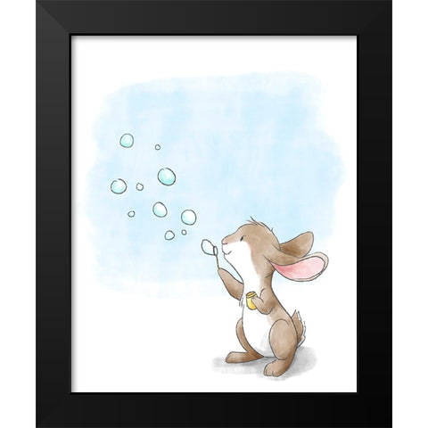 Little Bunny Blowing Bubbles Black Modern Wood Framed Art Print by Circle Kids