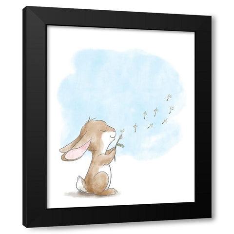 Little Bunny Blowing Dandelions Black Modern Wood Framed Art Print by Circle Kids