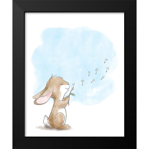 Little Bunny Blowing Dandelions Black Modern Wood Framed Art Print by Circle Kids