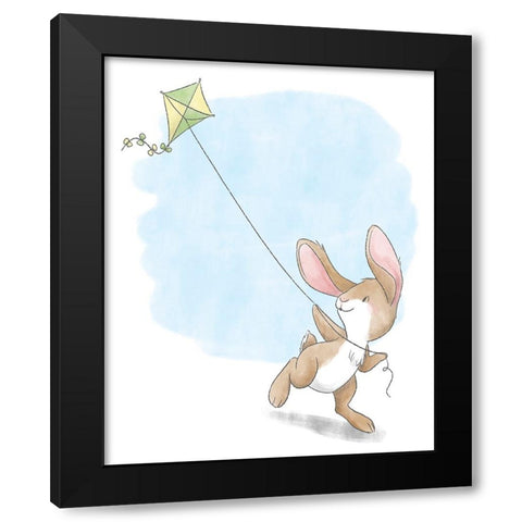 Little Bunny Flying a Kite Black Modern Wood Framed Art Print by Circle Kids