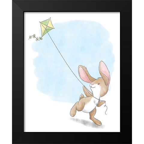 Little Bunny Flying a Kite Black Modern Wood Framed Art Print by Circle Kids