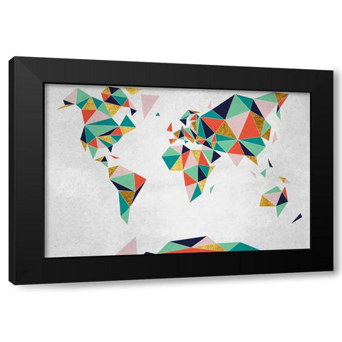 Geometric World Map Black Modern Wood Framed Art Print by Inner Circle