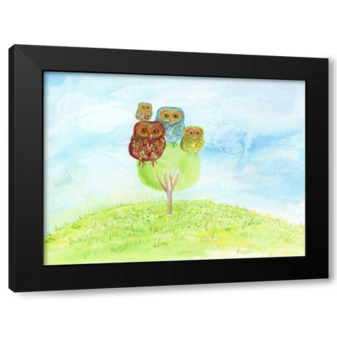 Owl Family Black Modern Wood Framed Art Print by Blixt, Ingrid