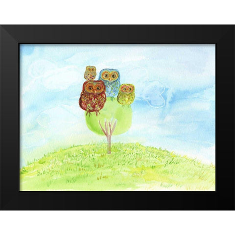 Owl Family Black Modern Wood Framed Art Print by Blixt, Ingrid