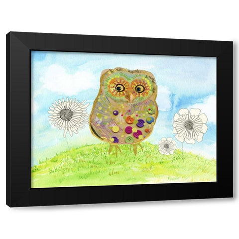 Owl and Flowers Black Modern Wood Framed Art Print by Blixt, Ingrid