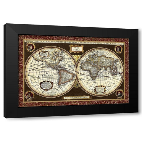 Decorative World Map Black Modern Wood Framed Art Print with Double Matting by Vision Studio