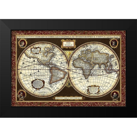 Decorative World Map Black Modern Wood Framed Art Print by Vision Studio